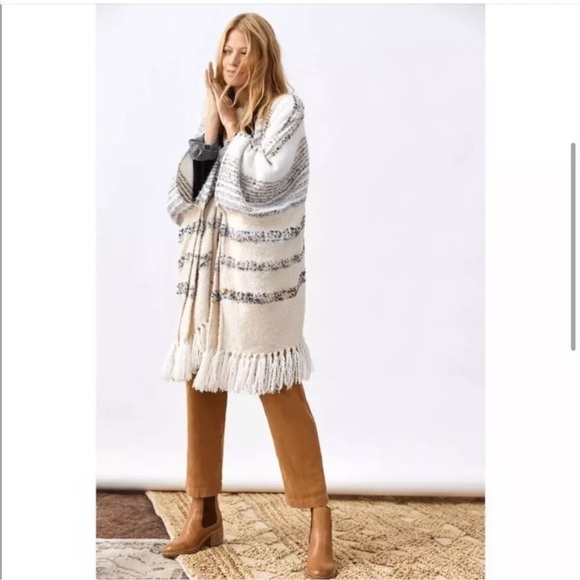 Anthropologie Striped Fringe Cardigan Poncho One Size - Picture 3 of 13